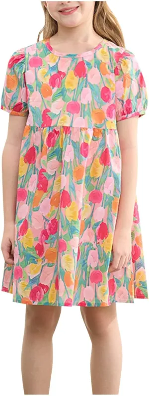 Teen Girls Summer Dress Casual Loose Soft Puff Sleeve Crewneck Mini Dress Girls Floral Dress Beach Party