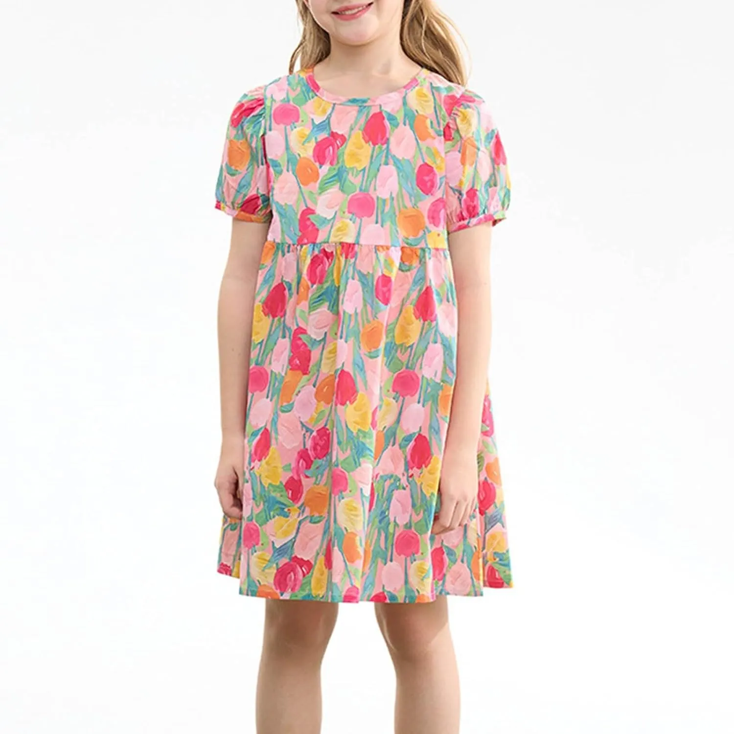Teen Girls Summer Dress Casual Loose Soft Puff Sleeve Crewneck Mini Dress Girls Floral Dress Beach Party
