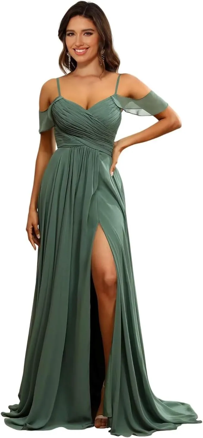Ternlm Off Shoulder Bridesmaid Dress Chiffon Wedding Guest Dresses Spaghetti Evening Formal Gown for Women TN223A