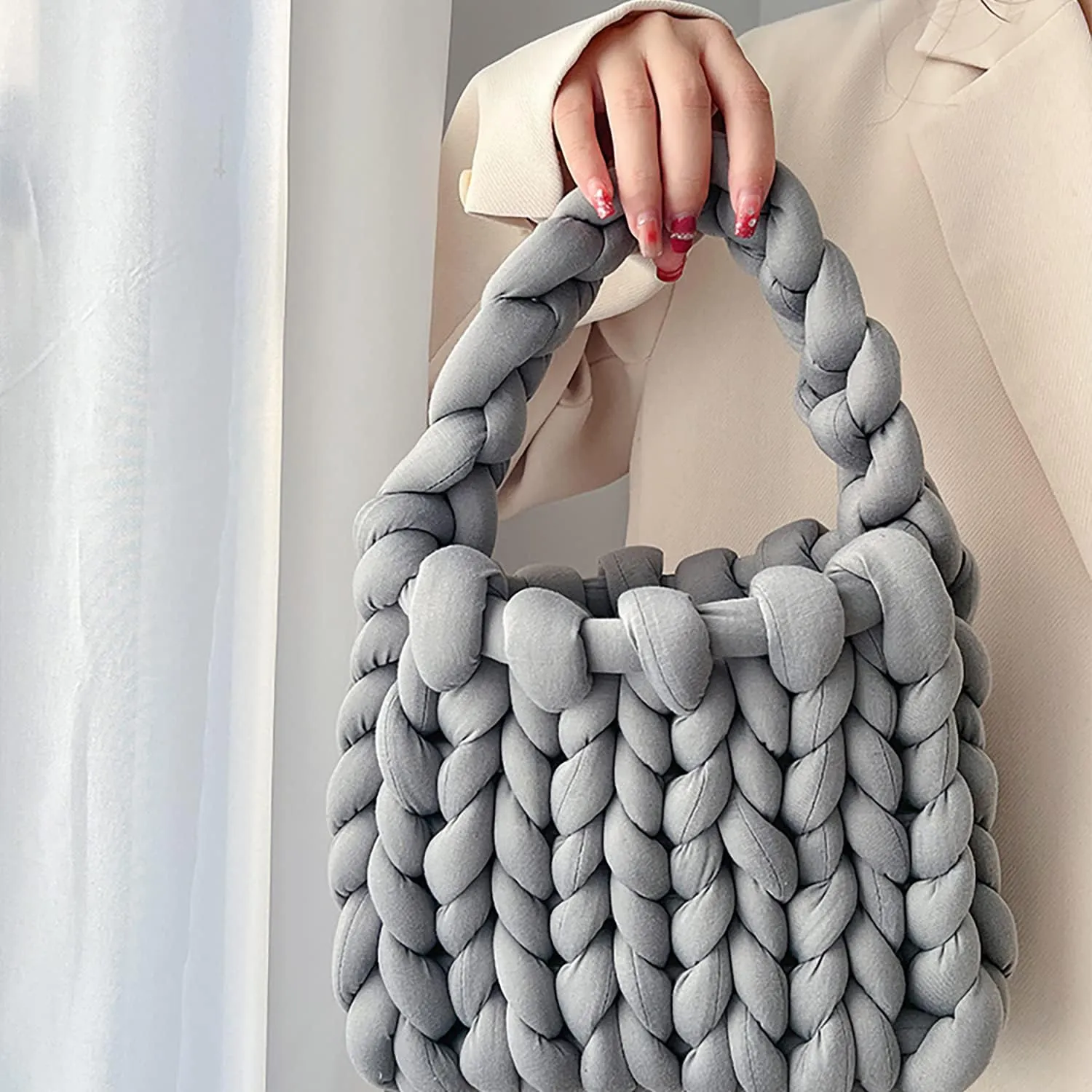 Thick Bulky Giant Wool Handwoven Handbag,Chunky Yarn Knit Shoulder Bag,Casual Soft Purse,Braided DIY Bucket Bag