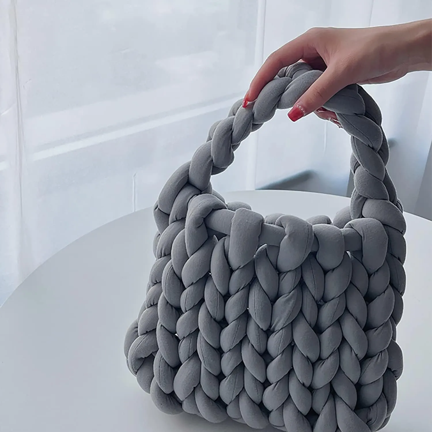 Thick Bulky Giant Wool Handwoven Handbag,Chunky Yarn Knit Shoulder Bag,Casual Soft Purse,Braided DIY Bucket Bag