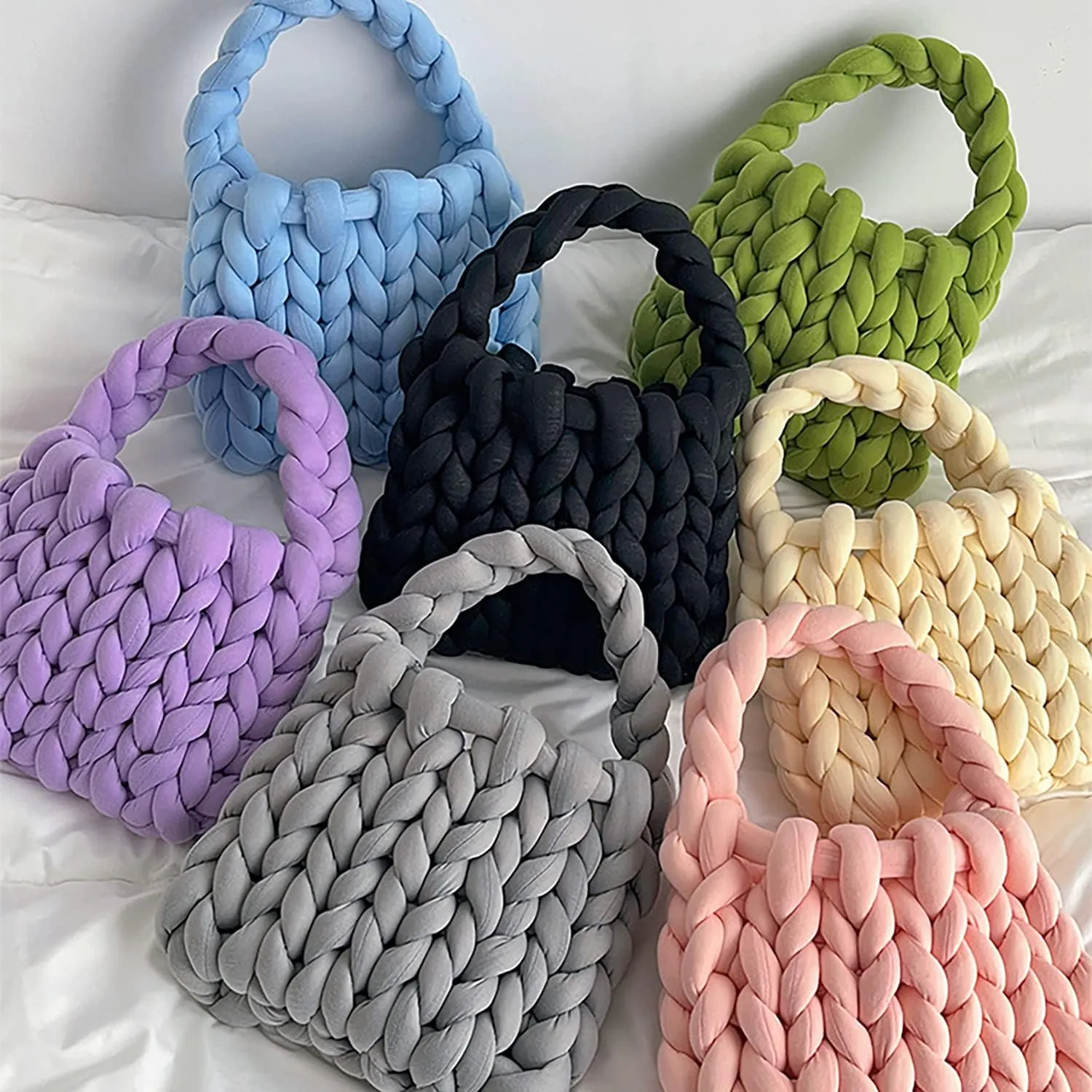 Thick Bulky Giant Wool Handwoven Handbag,Chunky Yarn Knit Shoulder Bag,Casual Soft Purse,Braided DIY Bucket Bag