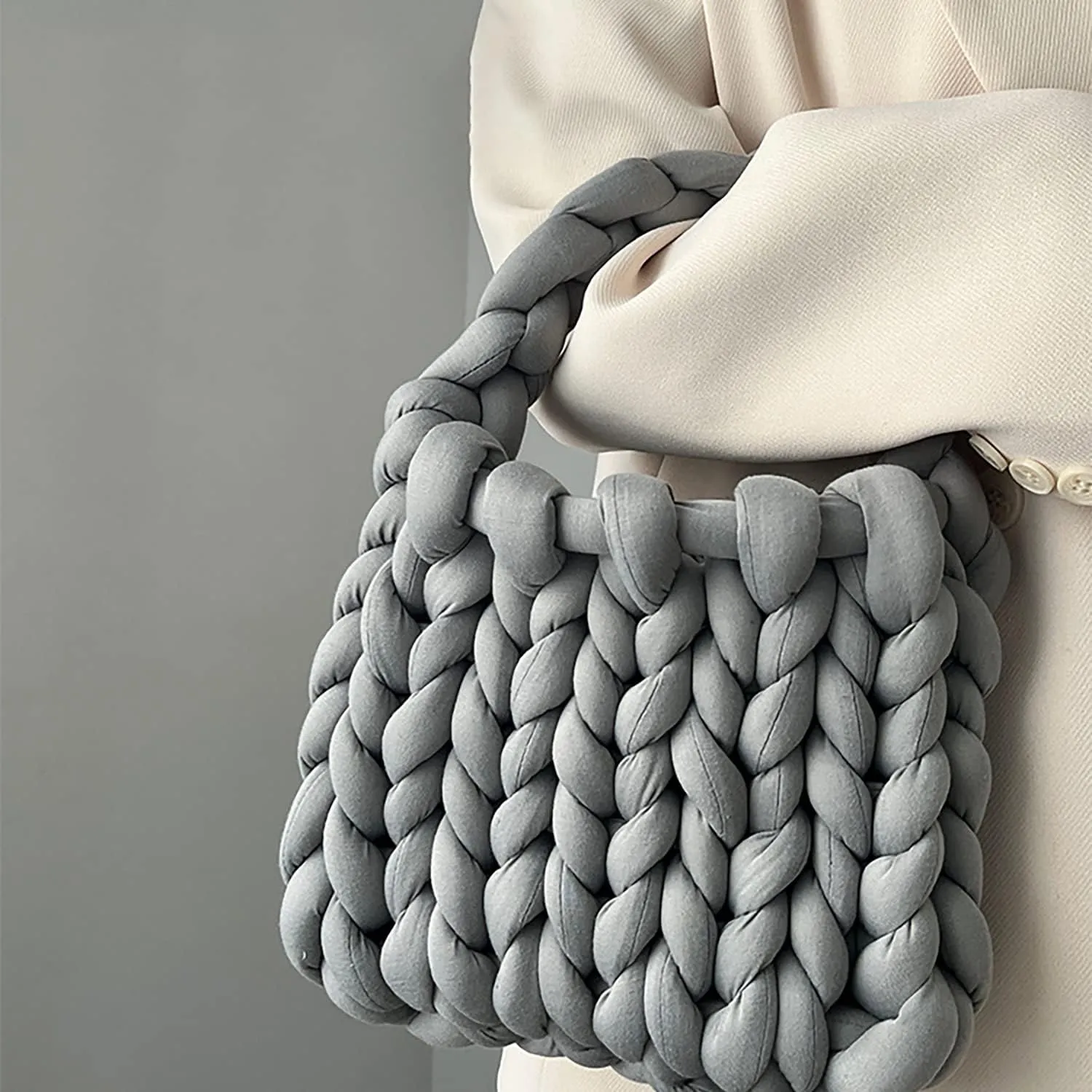 Thick Bulky Giant Wool Handwoven Handbag,Chunky Yarn Knit Shoulder Bag,Casual Soft Purse,Braided DIY Bucket Bag