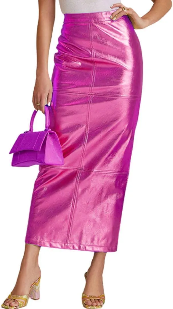 THLAI Women Faux Leather Midi Skirt Y2k Metallic Skirt Sexy Back Split Skirt High Waist Bodycon Pencil Maxi Skirt PU Skirt