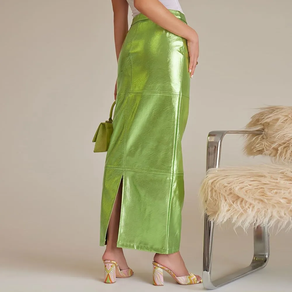 THLAI Women Faux Leather Midi Skirt Y2k Metallic Skirt Sexy Back Split Skirt High Waist Bodycon Pencil Maxi Skirt PU Skirt