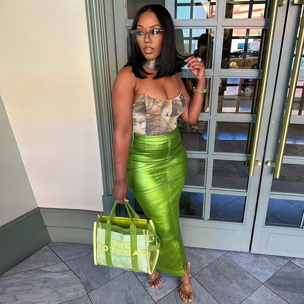 THLAI Women Faux Leather Midi Skirt Y2k Metallic Skirt Sexy Back Split Skirt High Waist Bodycon Pencil Maxi Skirt PU Skirt