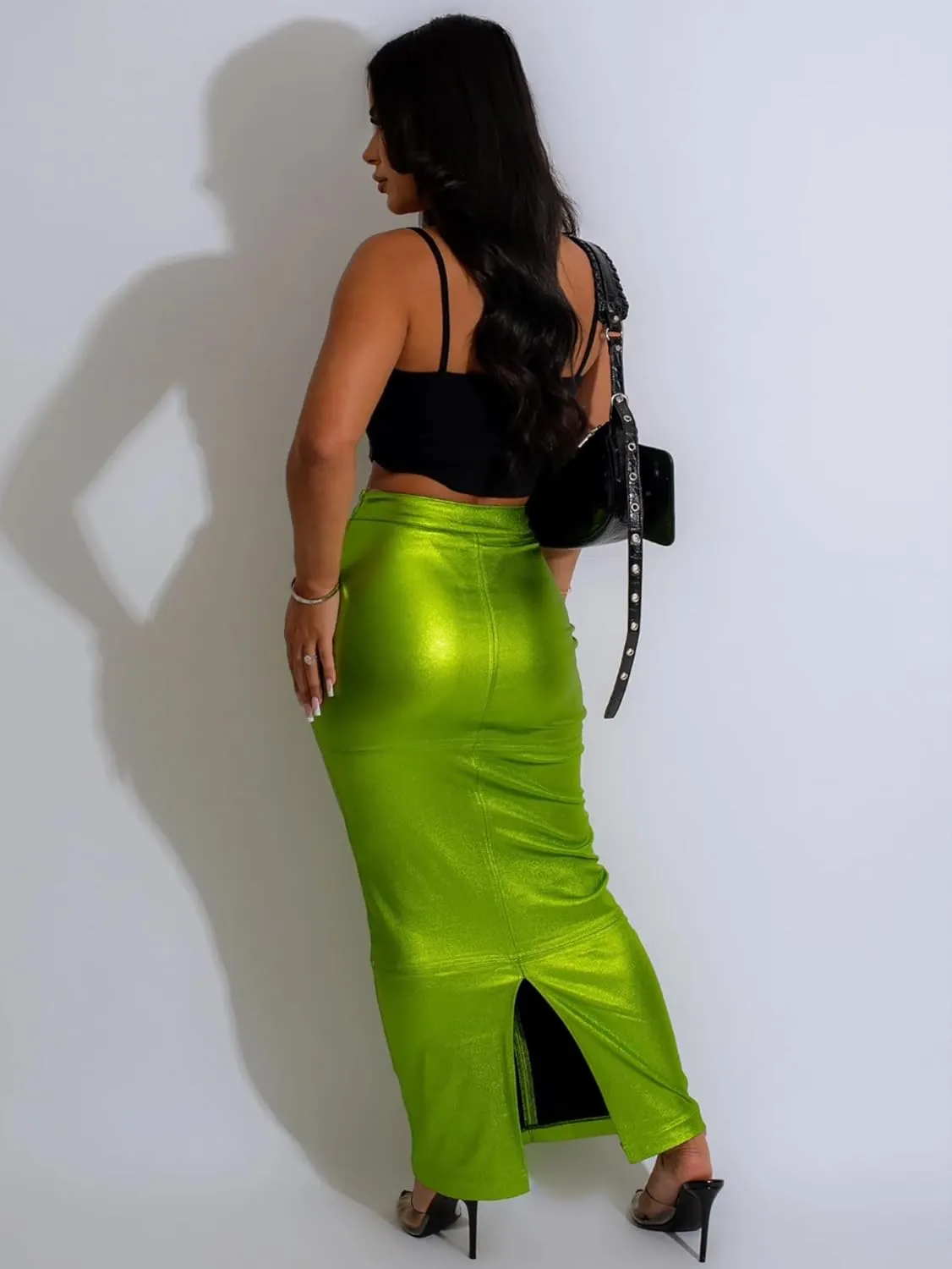 THLAI Women Faux Leather Midi Skirt Y2k Metallic Skirt Sexy Back Split Skirt High Waist Bodycon Pencil Maxi Skirt PU Skirt