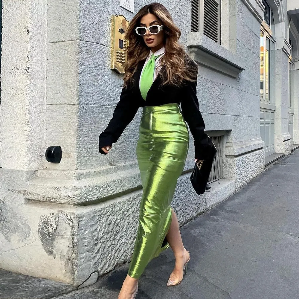 THLAI Women Faux Leather Midi Skirt Y2k Metallic Skirt Sexy Back Split Skirt High Waist Bodycon Pencil Maxi Skirt PU Skirt