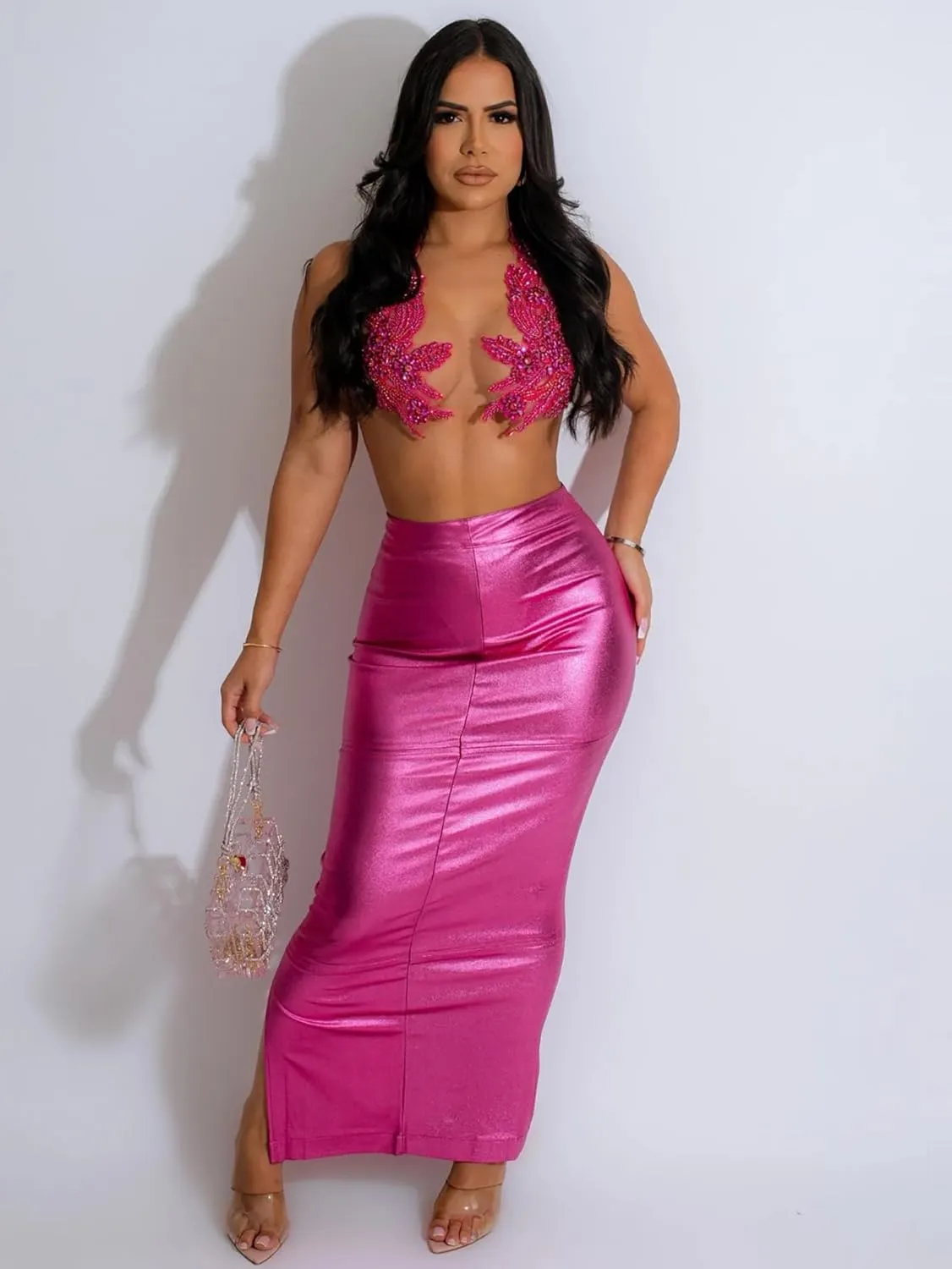 THLAI Women Faux Leather Midi Skirt Y2k Metallic Skirt Sexy Back Split Skirt High Waist Bodycon Pencil Maxi Skirt PU Skirt