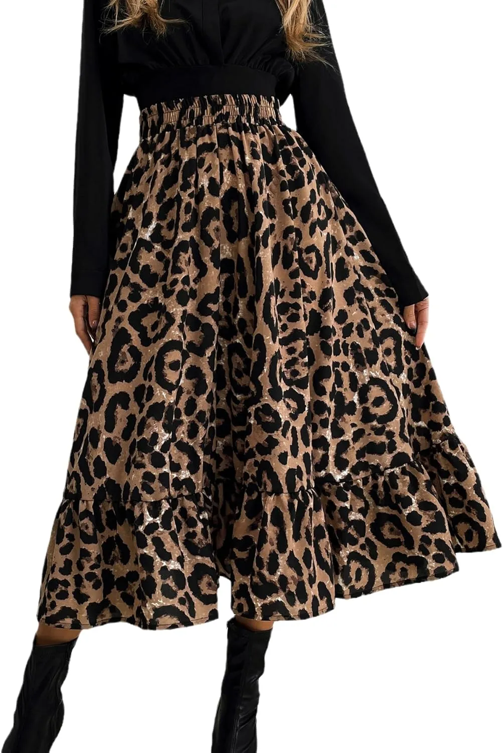 THLAI Women Floral Midi Skirt Sexy Aline Skirt Pleated Fall Skirt High Waisted Long Skirt Leopard Skirt
