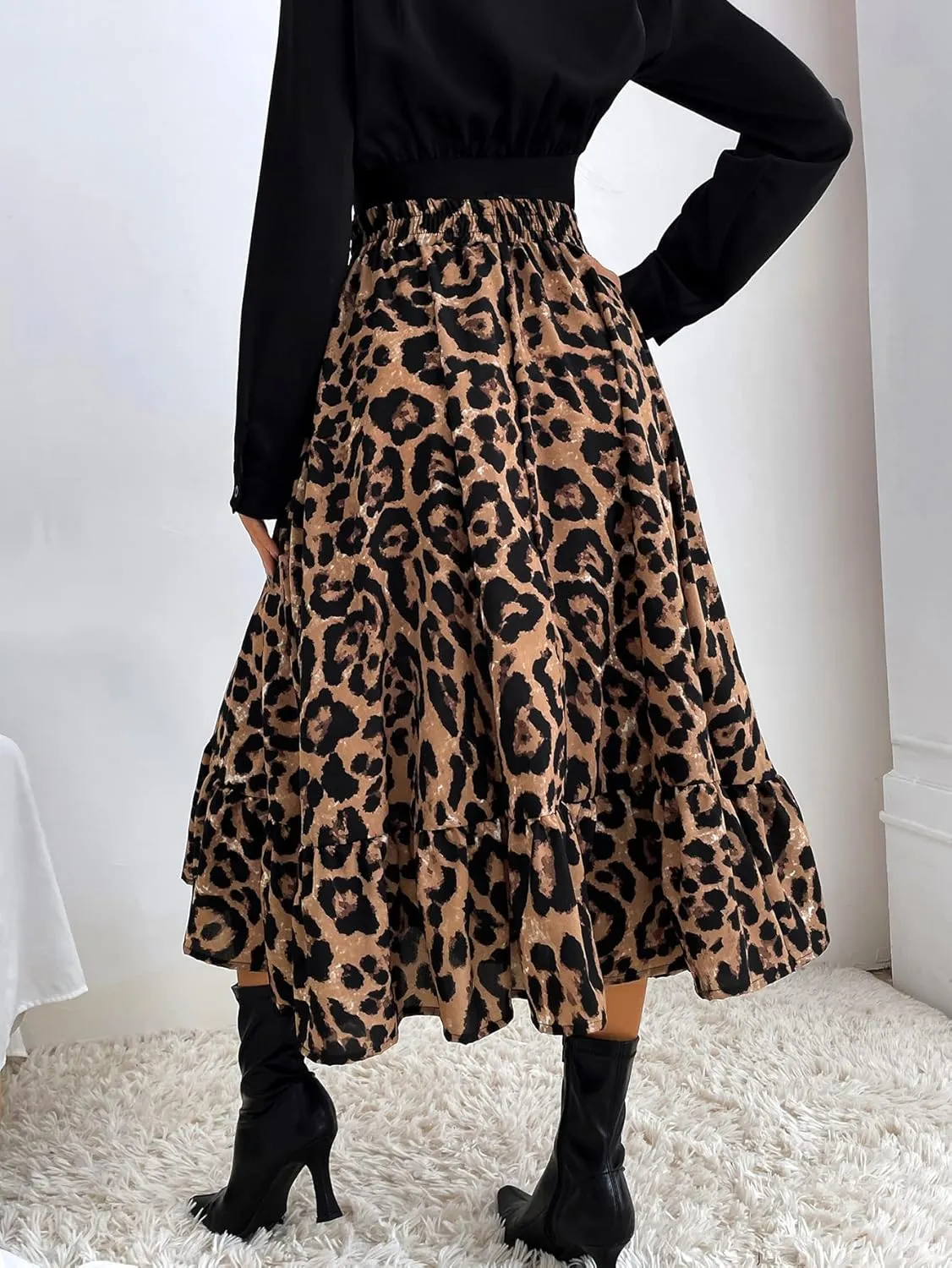 THLAI Women Floral Midi Skirt Sexy Aline Skirt Pleated Fall Skirt High Waisted Long Skirt Leopard Skirt