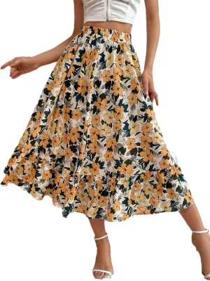 THLAI Women Floral Midi Skirt Sexy Aline Skirt Pleated Fall Skirt High Waisted Long Skirt Leopard Skirt