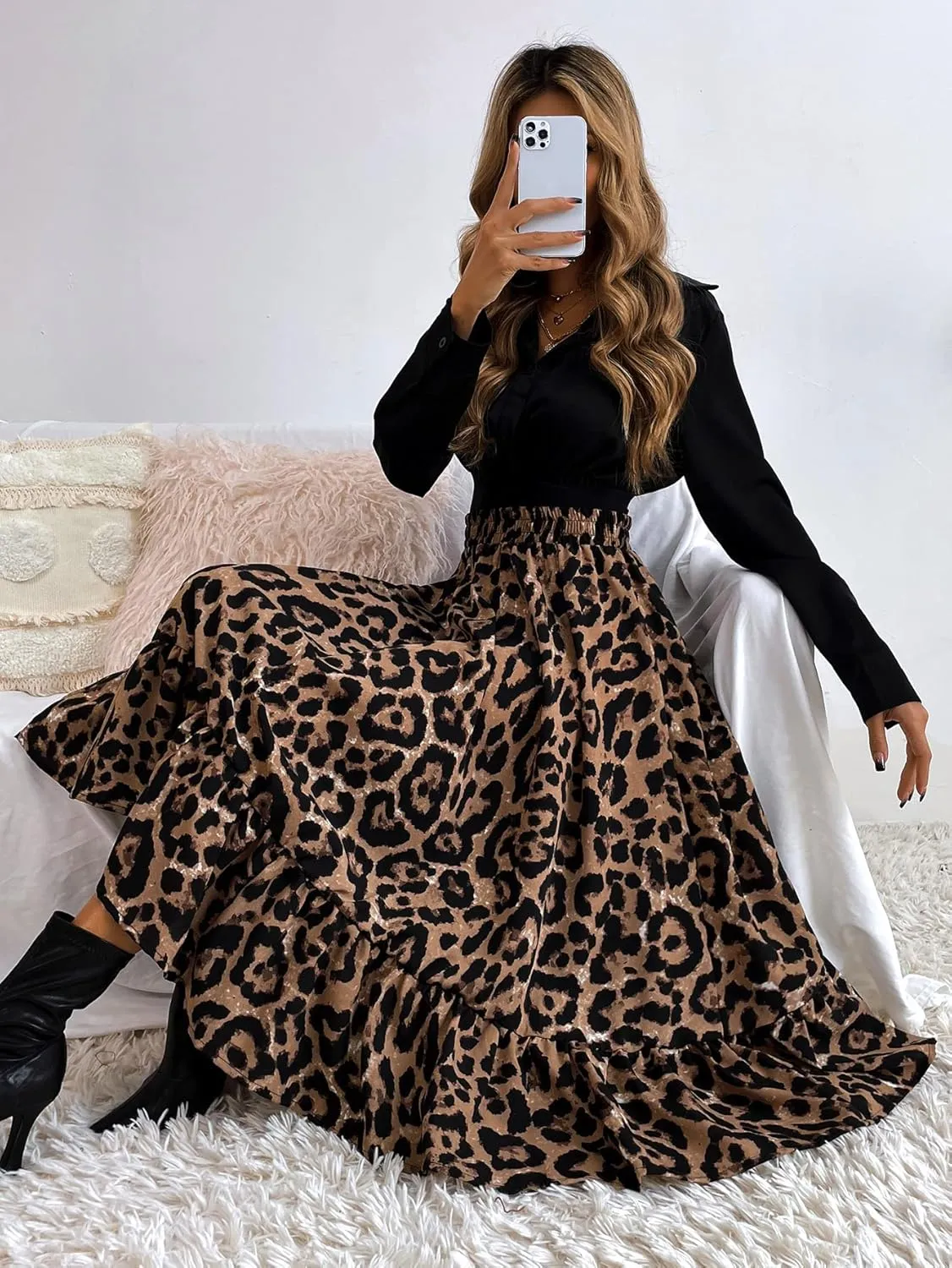 THLAI Women Floral Midi Skirt Sexy Aline Skirt Pleated Fall Skirt High Waisted Long Skirt Leopard Skirt