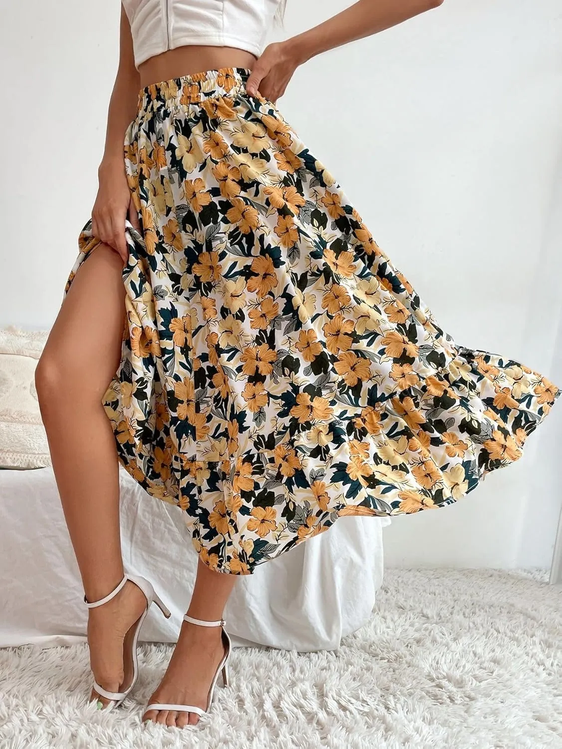 THLAI Women Floral Midi Skirt Sexy Aline Skirt Pleated Fall Skirt High Waisted Long Skirt Leopard Skirt