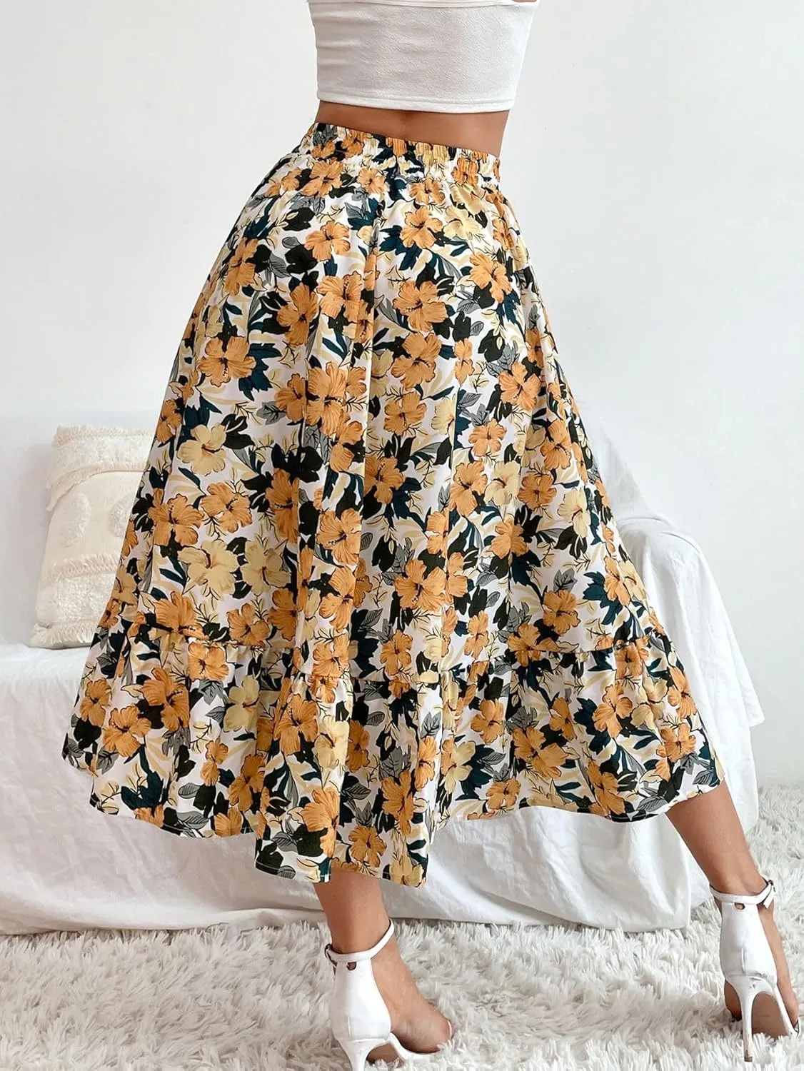 THLAI Women Floral Midi Skirt Sexy Aline Skirt Pleated Fall Skirt High Waisted Long Skirt Leopard Skirt