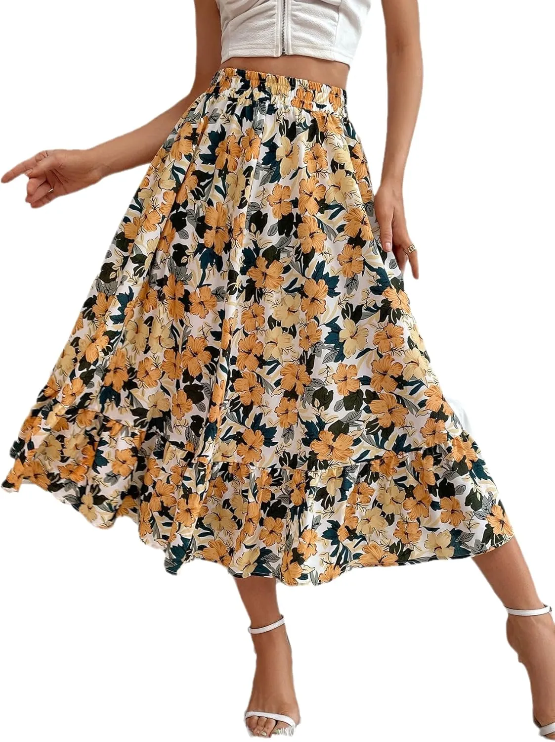 THLAI Women Floral Midi Skirt Sexy Aline Skirt Pleated Fall Skirt High Waisted Long Skirt Leopard Skirt