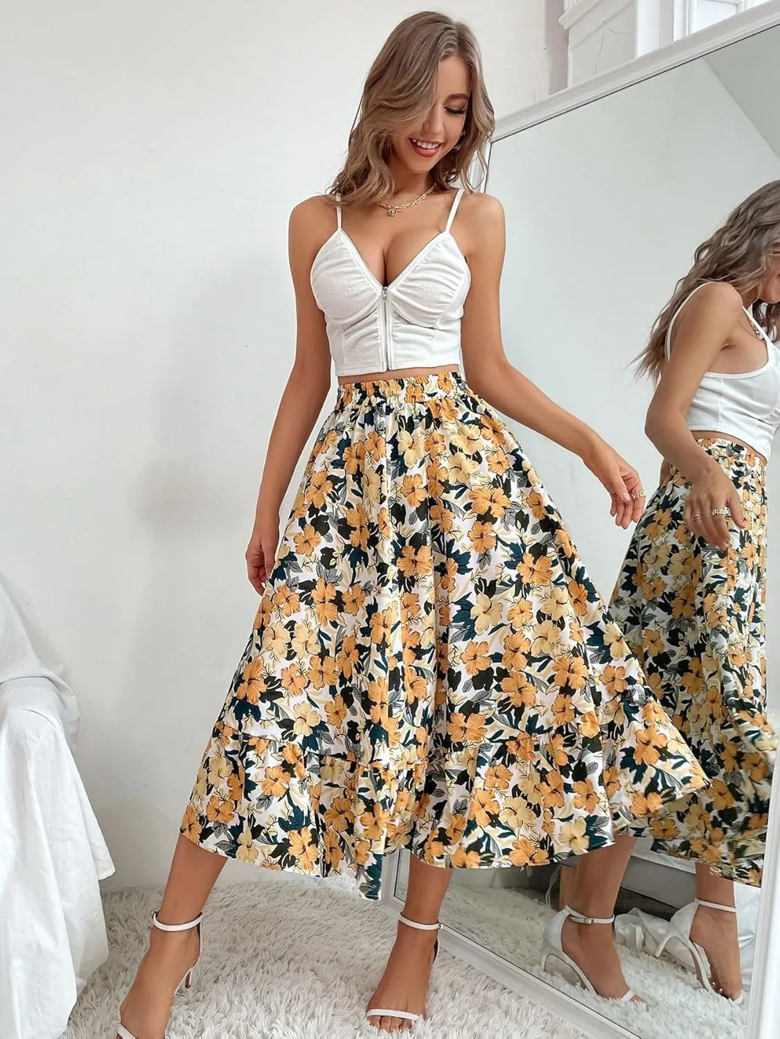 THLAI Women Floral Midi Skirt Sexy Aline Skirt Pleated Fall Skirt High Waisted Long Skirt Leopard Skirt