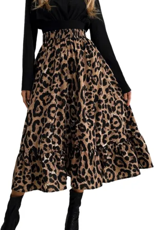 THLAI Women Floral Midi Skirt Sexy Aline Skirt Pleated Fall Skirt High Waisted Long Skirt Leopard Skirt