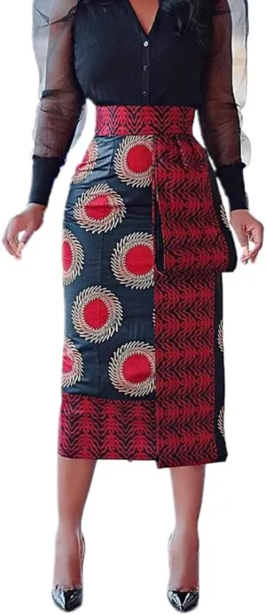 THLAI Women Paisley Midi Skirt Print Bodycon Long Skirt High Waist African Skirt Split Skirt