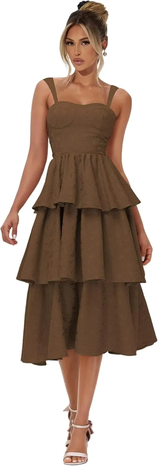 Tiered Jacquard Satin Prom Dresses Tea Length Wedding Guest Dress Floral Print Formal Evening Gowns