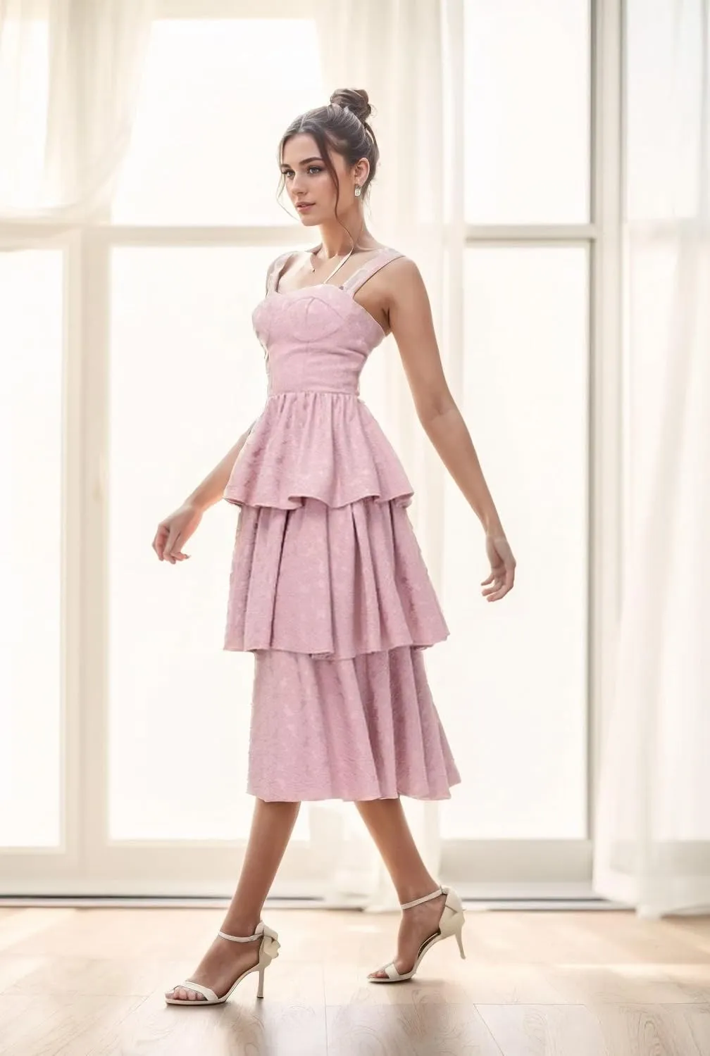 Tiered Jacquard Satin Prom Dresses Tea Length Wedding Guest Dress Floral Print Formal Evening Gowns