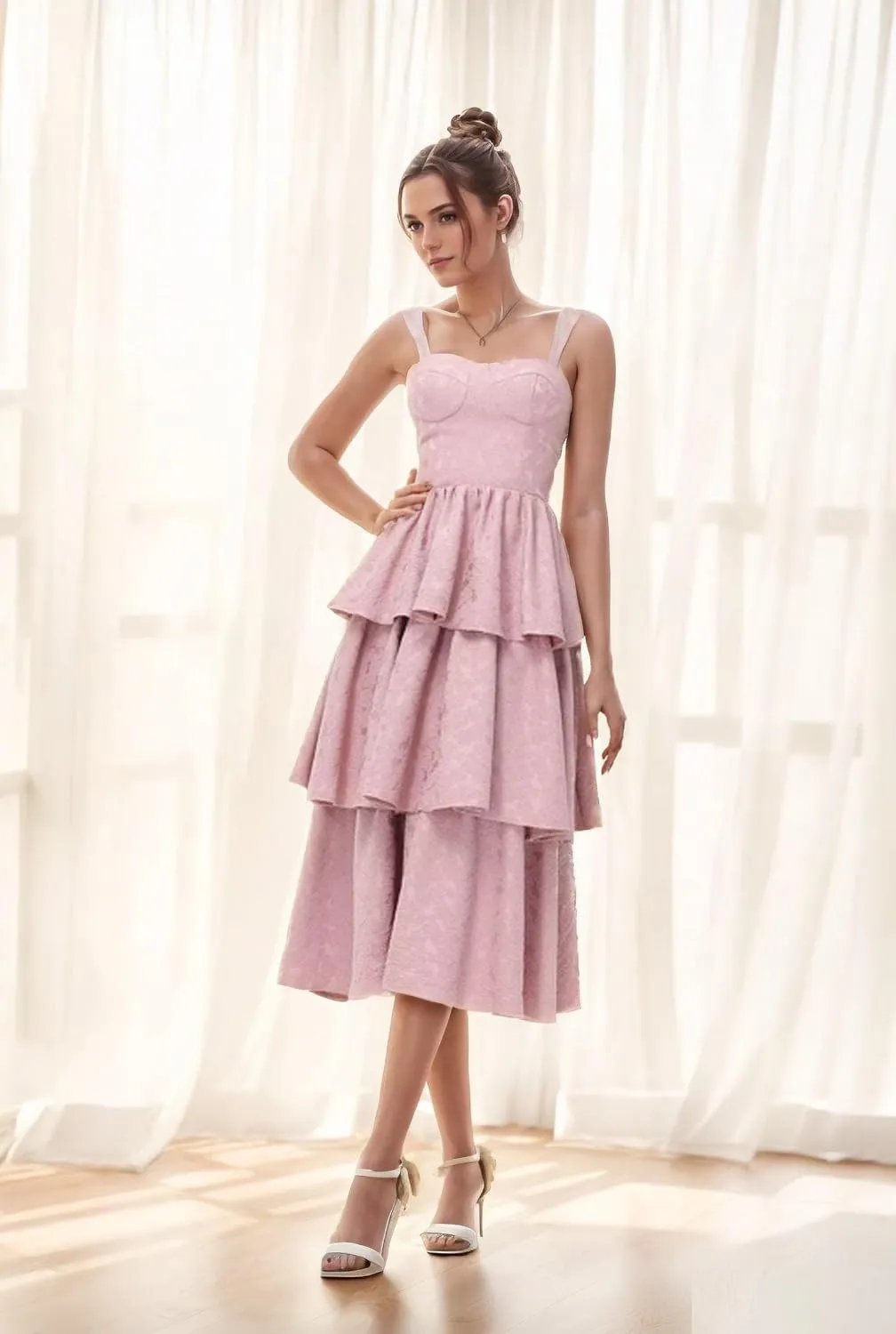 Tiered Jacquard Satin Prom Dresses Tea Length Wedding Guest Dress Floral Print Formal Evening Gowns