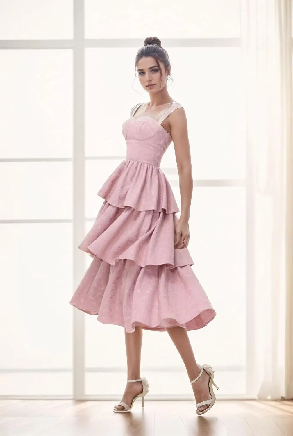 Tiered Jacquard Satin Prom Dresses Tea Length Wedding Guest Dress Floral Print Formal Evening Gowns