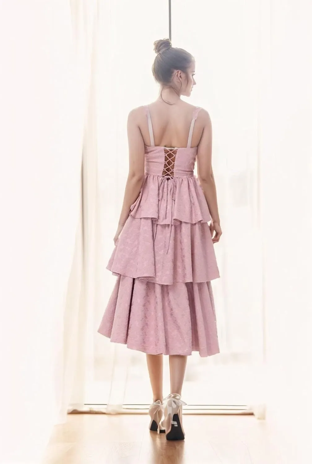 Tiered Jacquard Satin Prom Dresses Tea Length Wedding Guest Dress Floral Print Formal Evening Gowns