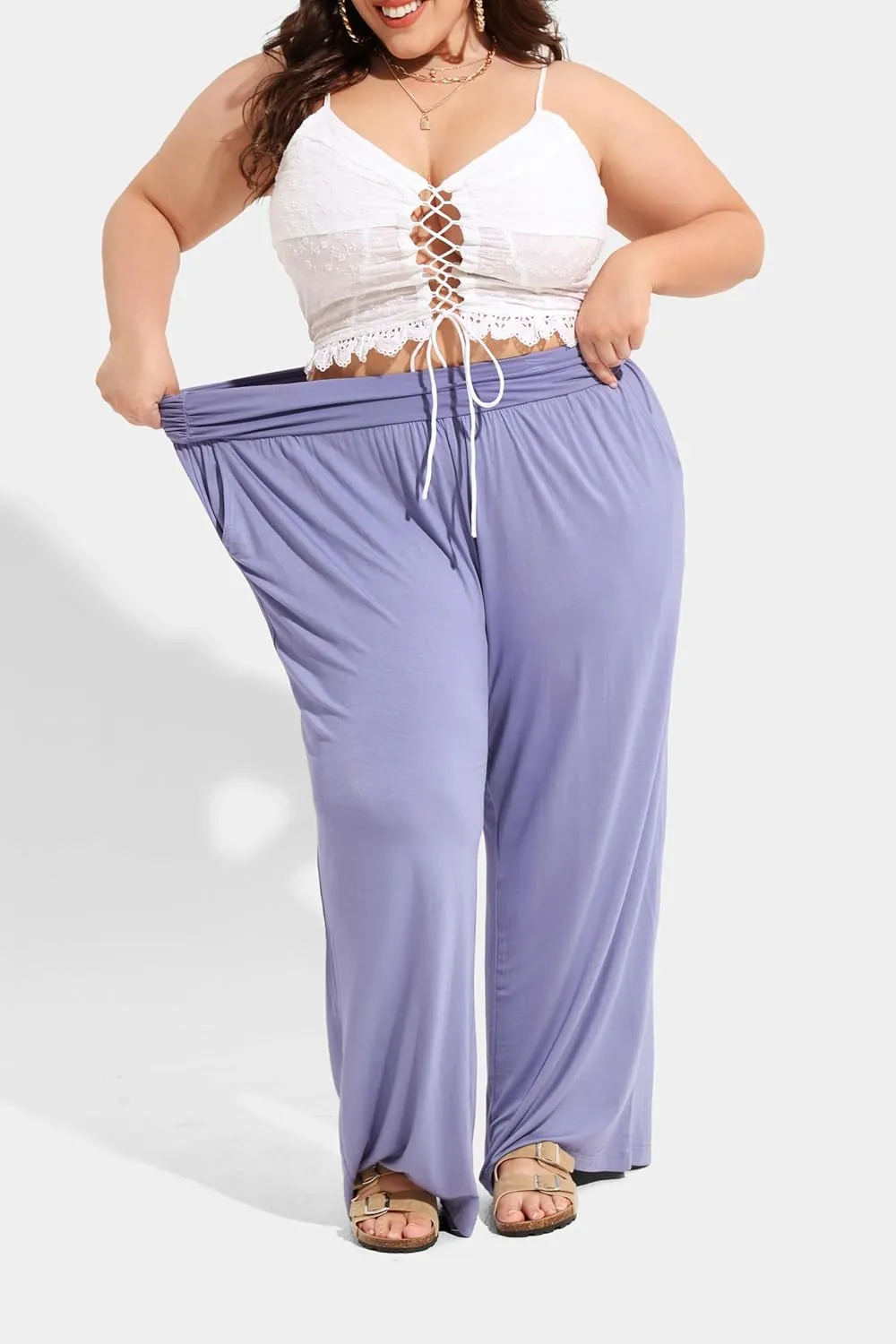 TIYOMI Plus Size Summer Pants Womens Wide Leg Lightweight Casual Soft Yoga Athletic Flowy Loose Trouser All Seasons Pant
