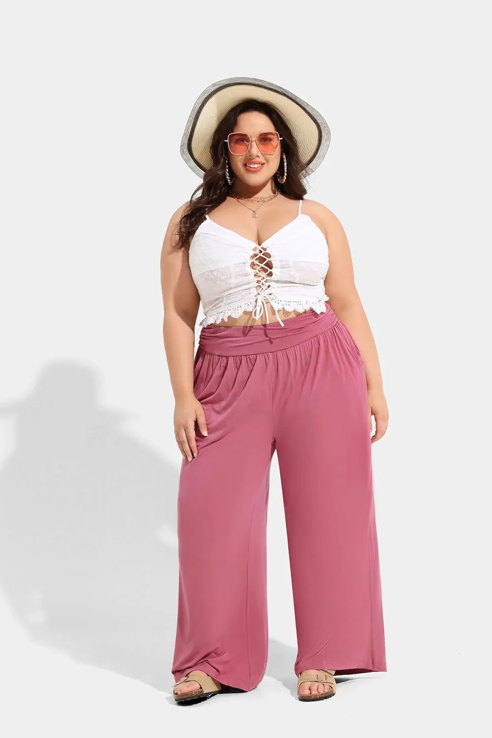 TIYOMI Plus Size Summer Pants Womens Wide Leg Lightweight Casual Soft Yoga Athletic Flowy Loose Trouser All Seasons Pant