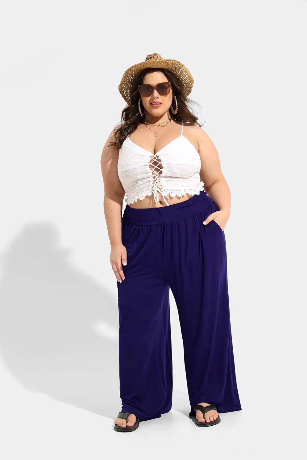 TIYOMI Plus Size Summer Pants Womens Wide Leg Lightweight Casual Soft Yoga Athletic Flowy Loose Trouser All Seasons Pant