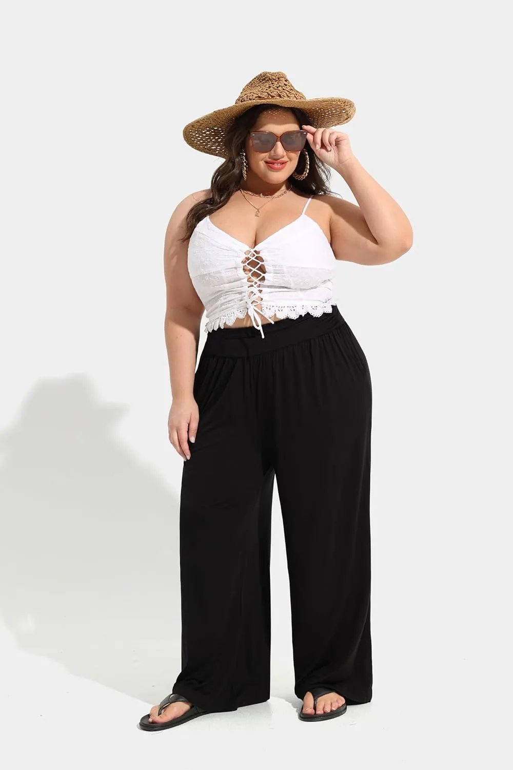 TIYOMI Plus Size Summer Pants Womens Wide Leg Lightweight Casual Soft Yoga Athletic Flowy Loose Trouser All Seasons Pant