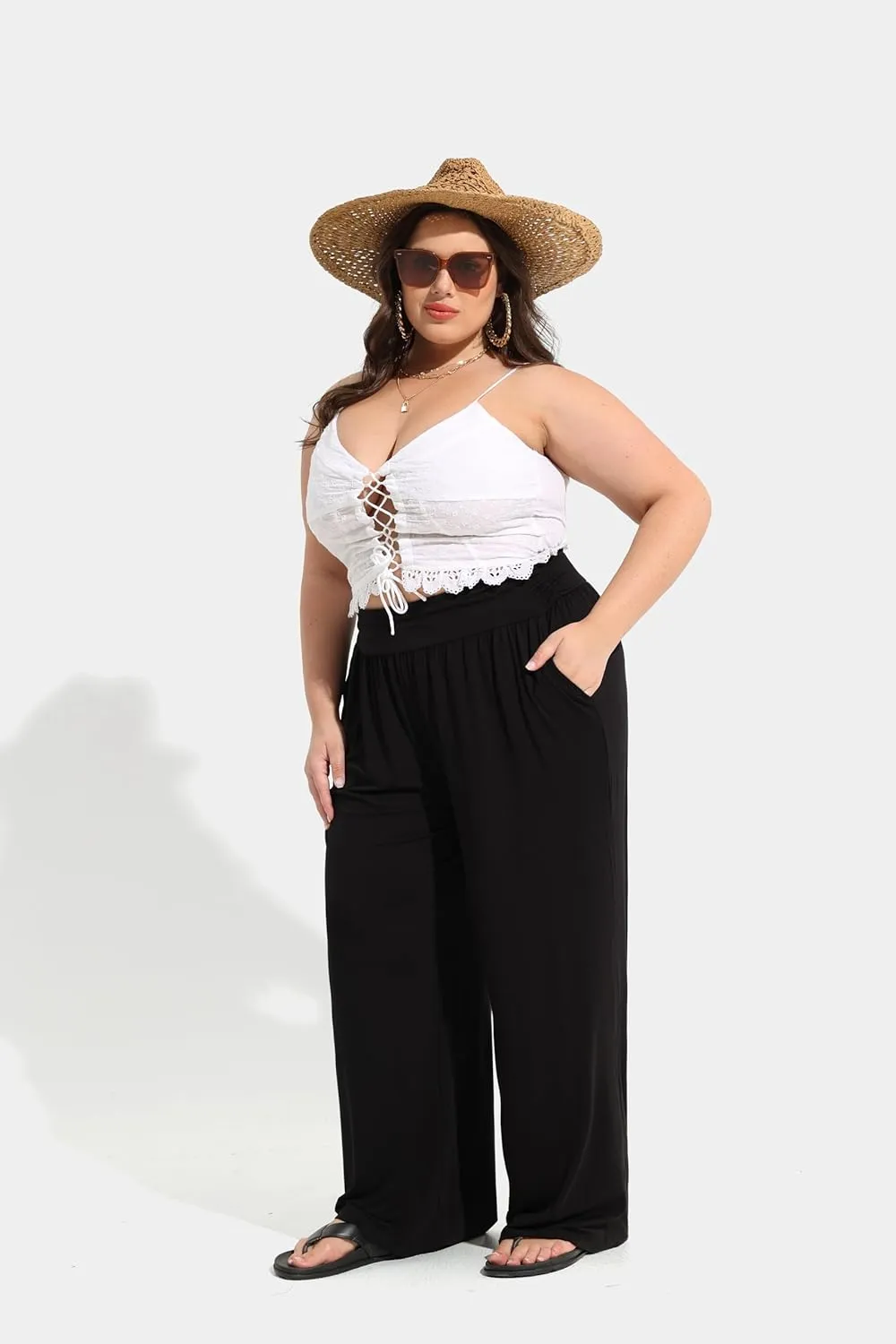TIYOMI Plus Size Summer Pants Womens Wide Leg Lightweight Casual Soft Yoga Athletic Flowy Loose Trouser All Seasons Pant