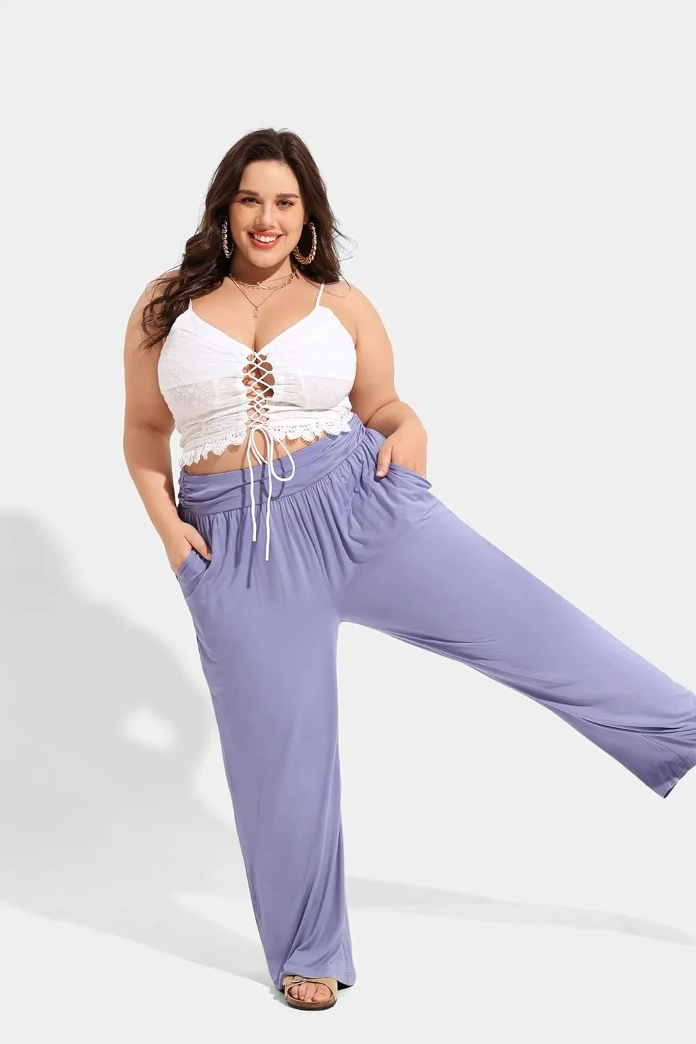TIYOMI Plus Size Summer Pants Womens Wide Leg Lightweight Casual Soft Yoga Athletic Flowy Loose Trouser All Seasons Pant
