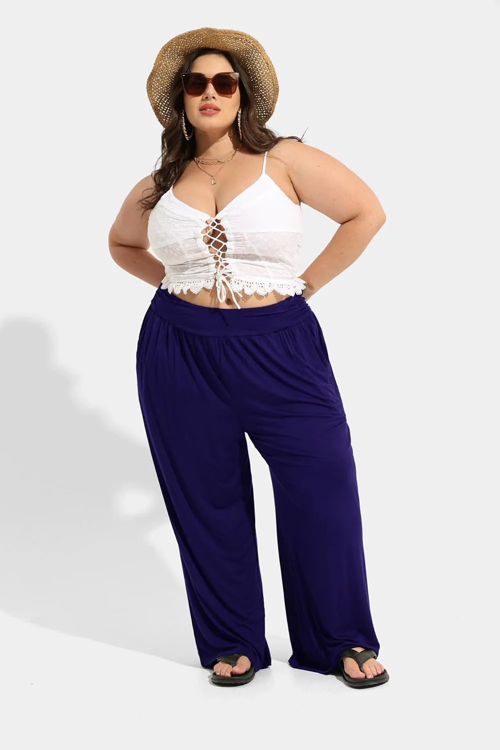 TIYOMI Plus Size Summer Pants Womens Wide Leg Lightweight Casual Soft Yoga Athletic Flowy Loose Trouser All Seasons Pant