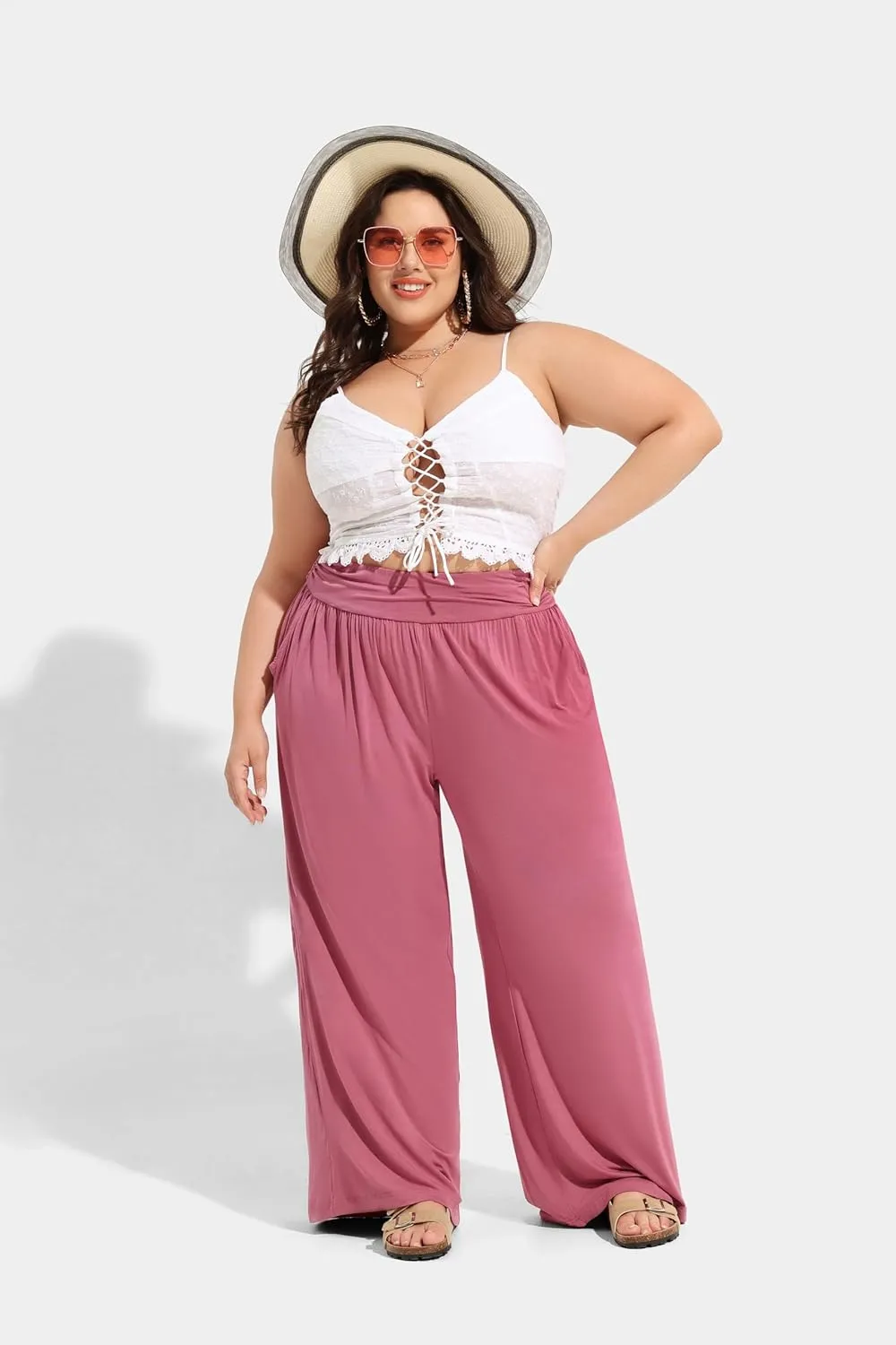 TIYOMI Plus Size Summer Pants Womens Wide Leg Lightweight Casual Soft Yoga Athletic Flowy Loose Trouser All Seasons Pant