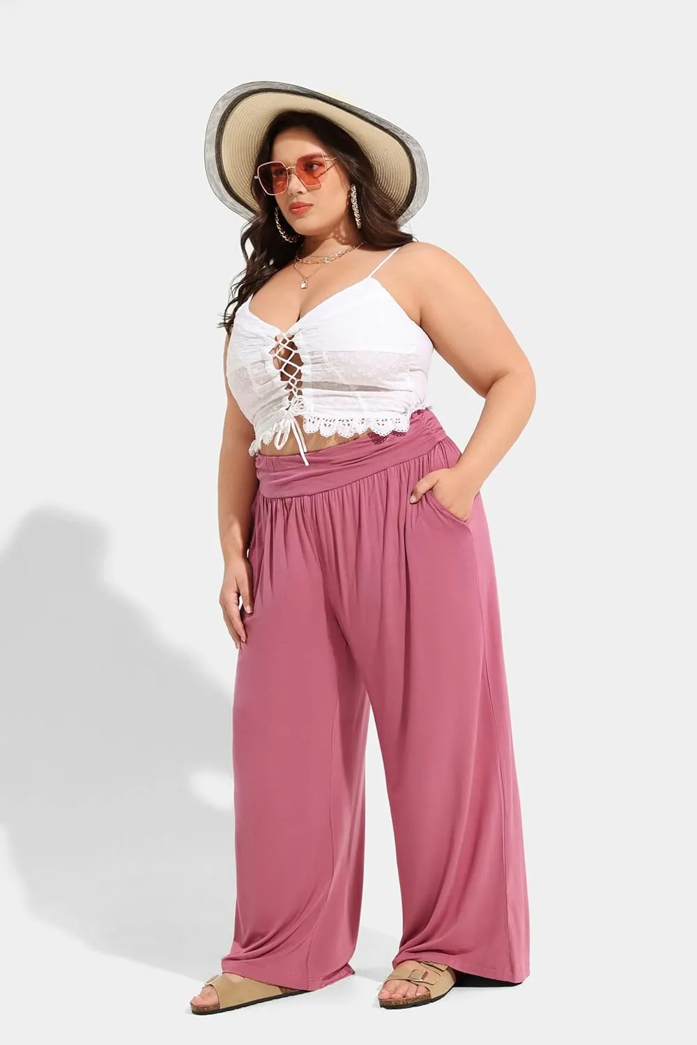 TIYOMI Plus Size Summer Pants Womens Wide Leg Lightweight Casual Soft Yoga Athletic Flowy Loose Trouser All Seasons Pant