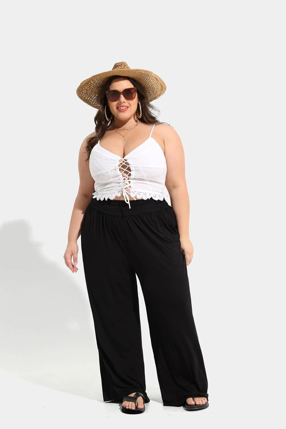 TIYOMI Plus Size Summer Pants Womens Wide Leg Lightweight Casual Soft Yoga Athletic Flowy Loose Trouser All Seasons Pant