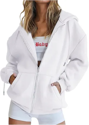 TUNUSKAT Womens Zip Up Hoodie Fall Oversized Sweatshirts Teen Girl Y2K Clothes Casual Drawstring Gym Jackets with Pockets