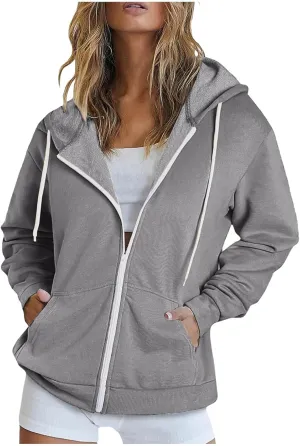 TUNUSKAT Womens Zip Up Hoodie Fall Oversized Sweatshirts Teen Girl Y2K Clothes Casual Drawstring Gym Jackets with Pockets