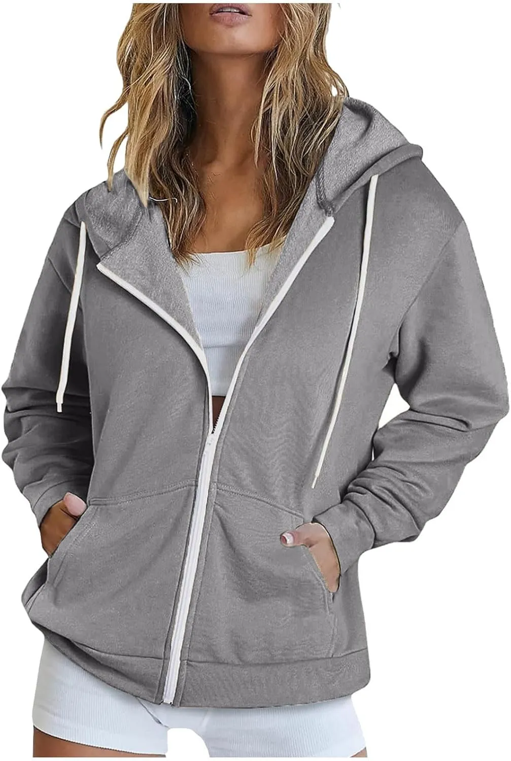 TUNUSKAT Womens Zip Up Hoodie Fall Oversized Sweatshirts Teen Girl Y2K Clothes Casual Drawstring Gym Jackets with Pockets