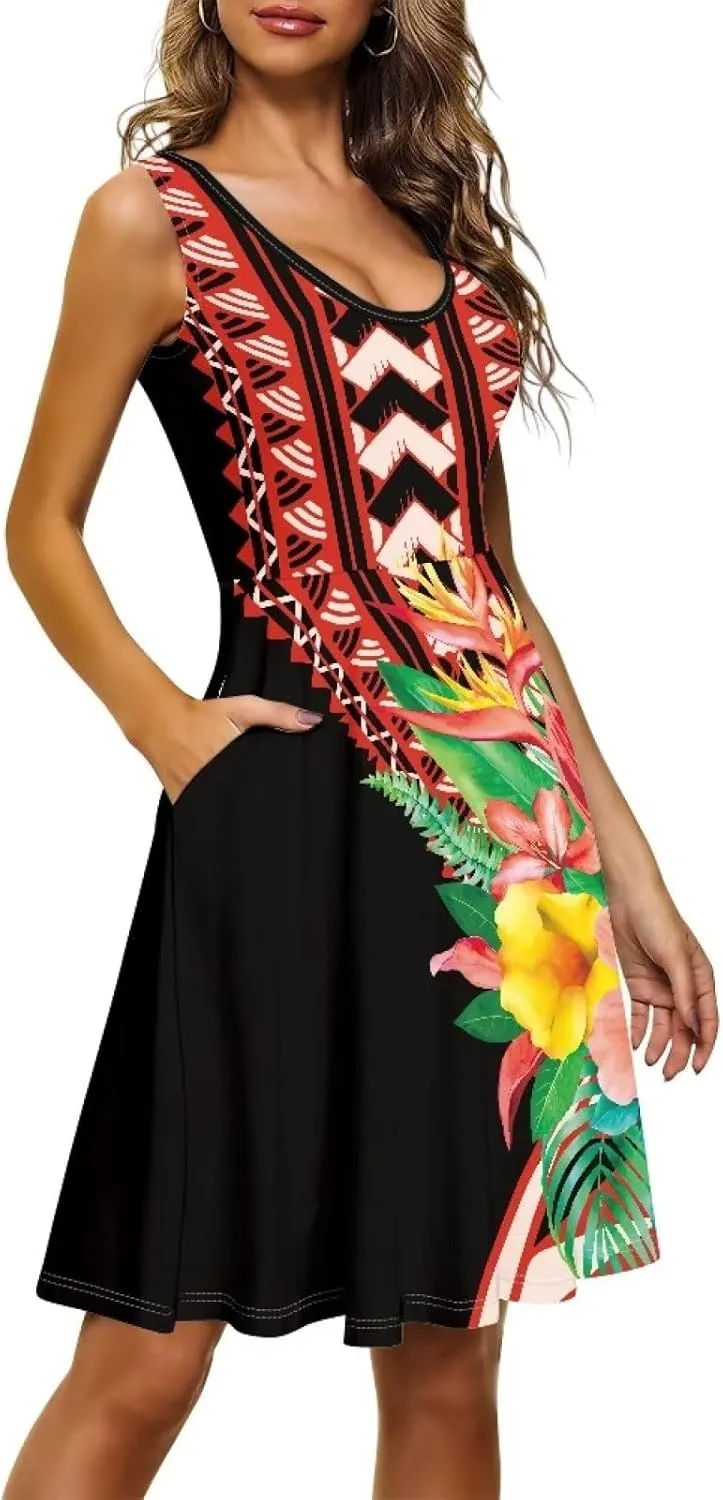 Uasibuni Summer Boho Beach Dresses for Women Floral Tshirt Sundress Casual Sleeveless Tank Dress