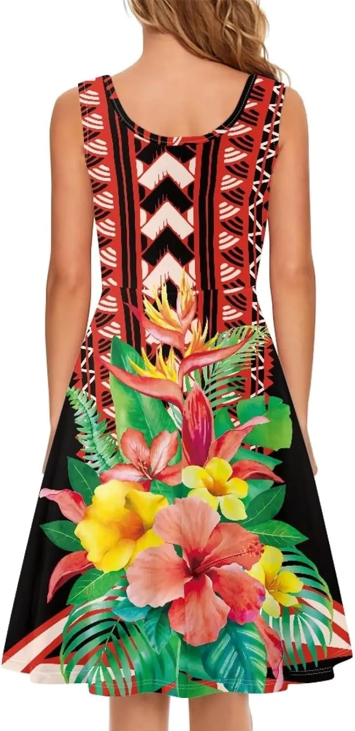 Uasibuni Summer Boho Beach Dresses for Women Floral Tshirt Sundress Casual Sleeveless Tank Dress