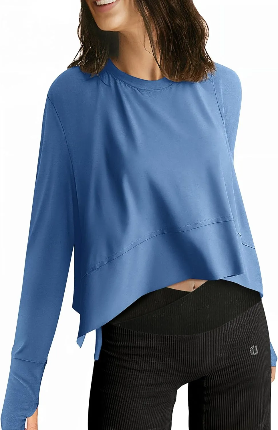 UEU Women's Crop Tops for Yoga Workout Athletic, Ice Cool Feeling Long Sleeves Shirts, Flowy Split Side Slit Oversized