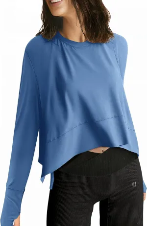 UEU Women's Crop Tops for Yoga Workout Athletic, Ice Cool Feeling Long Sleeves Shirts, Flowy Split Side Slit Oversized