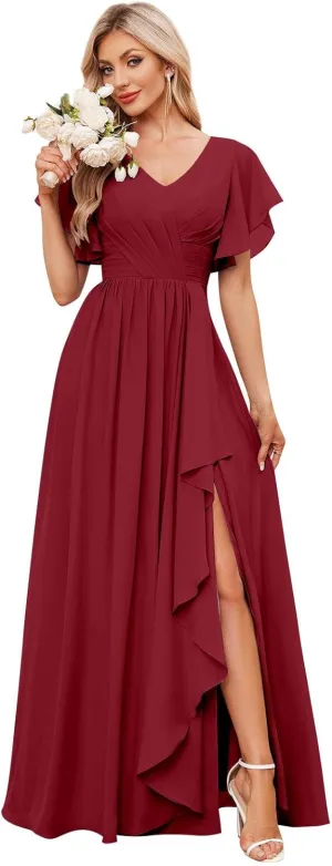 V Neck Chiffon Bridesmaid Dresses with Slit Long Pleated Formal Evening Gowns