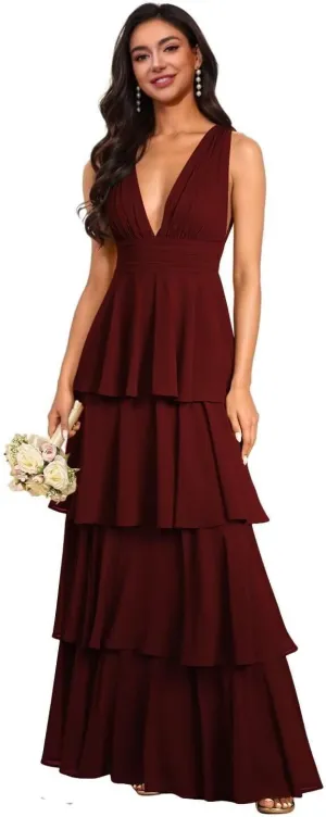 V Neck Tiered Bridesmaid Dresses for Women Long Chiffon Ruffle Layered Prom Dresses A Line Formal Evening Gowns