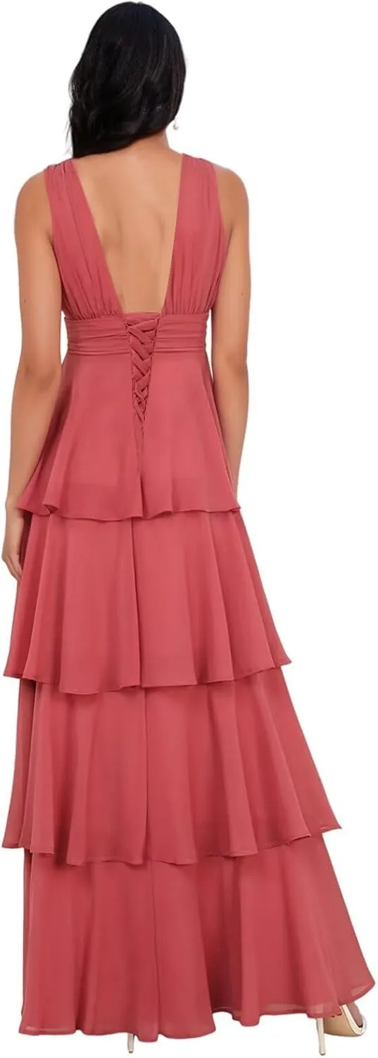 V Neck Tiered Bridesmaid Dresses for Women Long Chiffon Ruffle Layered Prom Dresses A Line Formal Evening Gowns