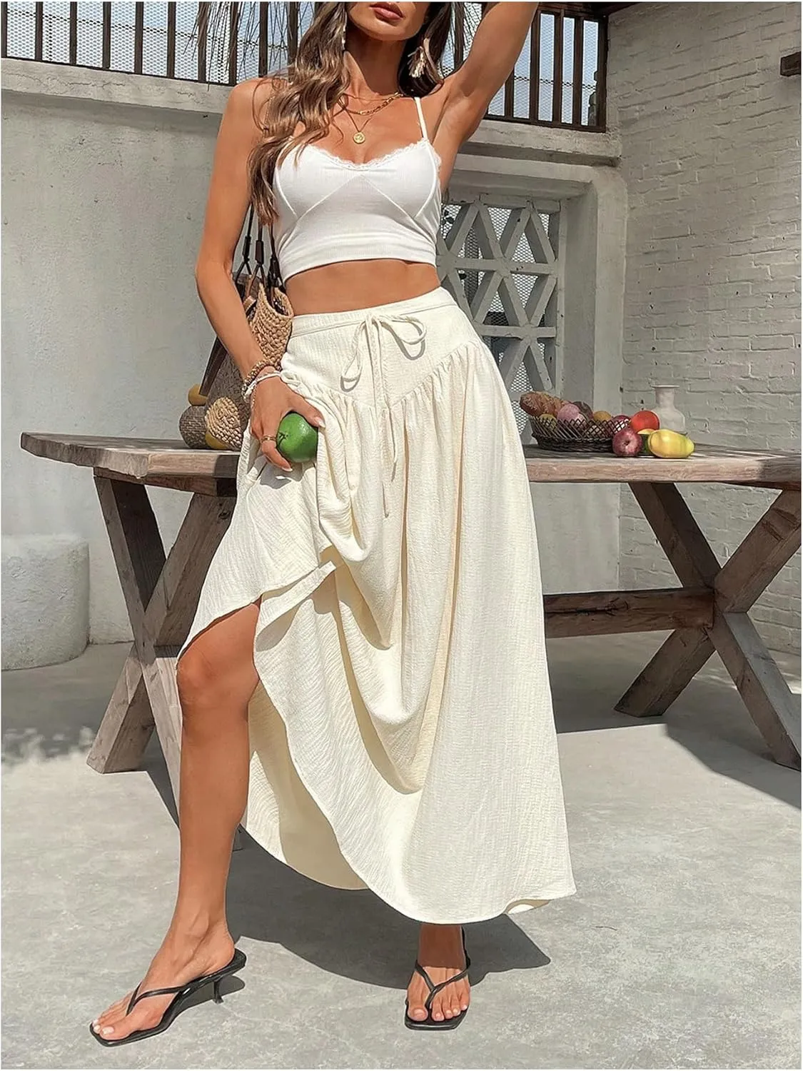Verdusa Women's Drawstring High Waist Flowy Skirts Coquette Textured Flared Maxi Skirt