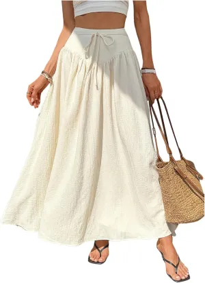 Verdusa Women's Drawstring High Waist Flowy Skirts Coquette Textured Flared Maxi Skirt